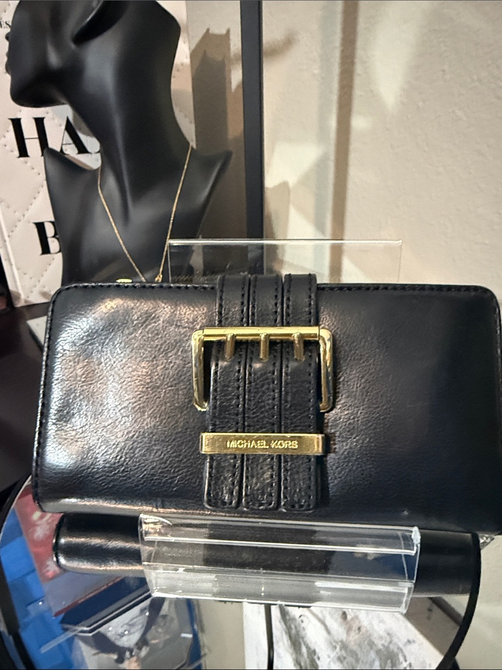 Michael Kors Black Leather Buckle Clutch Wallet with Gold Hardware